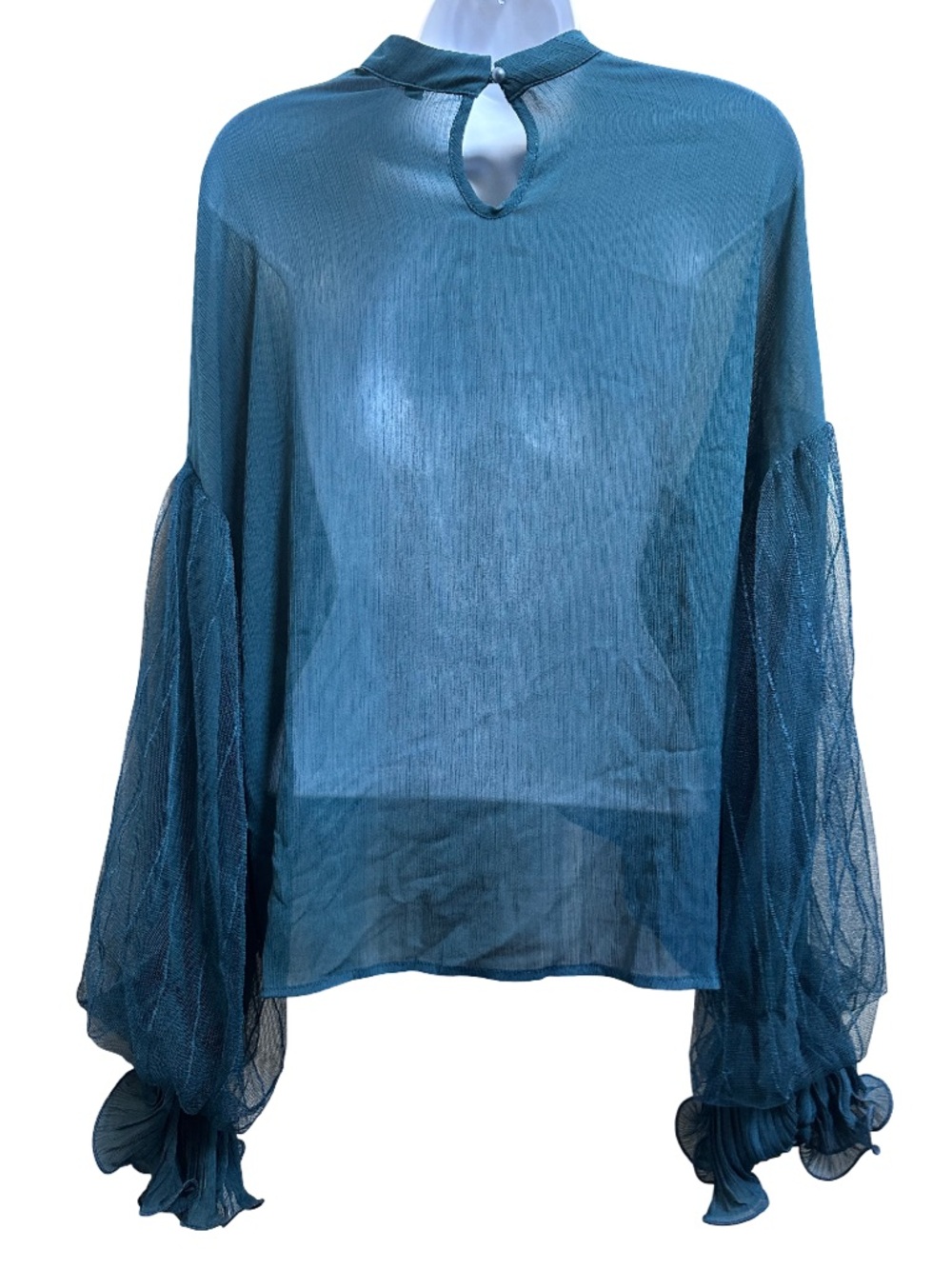 Sheer Mock-Neck Blouse with mesh bubble sleeve and ruffle cuffs - Teal - Picture 3 of 5